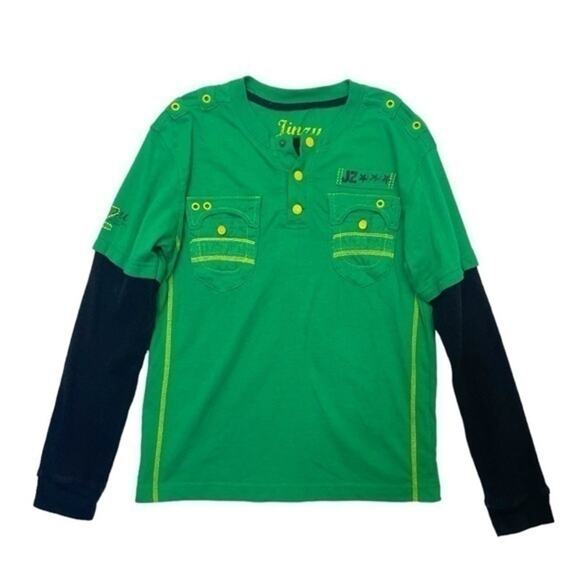 Jinzu Layered Thermal Tee Boys green black waffle long sleeve Size Medium 10-12 - Picture 1 of 6